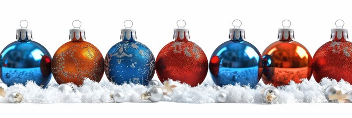 Christmas bauble, Baubles on Solid tone Surface. A panoramic image showcasing baubles in vibrant colored tones reflecting a wintry setting placed on a solid surface, creating a cozy holiday scene