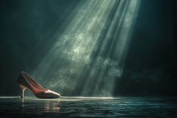 Enigmatic Single Shoe Spotlighted on Stage with Dramatic Light Rays - obrazy, fototapety, plakaty