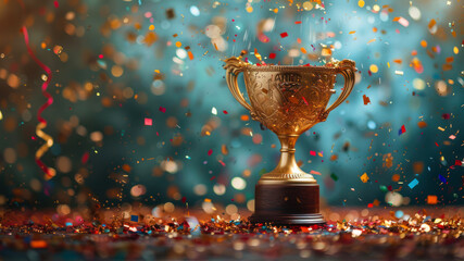 Trophy cup with confetti and ribbons on bokeh background