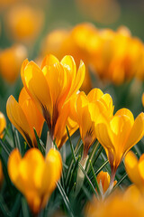 Obraz premium Vibrant Yellow Crocuses Blooming in Soft Spring Light