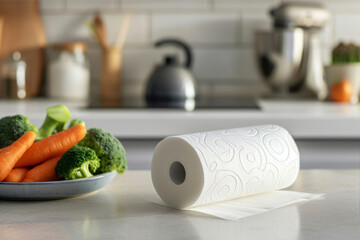 Roll of paper towel with fresh vegetables on table in kitchen, closeup