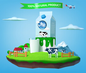 Farm milk. 3D cow on meadow grass. Levitating island in sky. Fresh dairy product. Natural drink glass. Healthy box miniature. Flying plane with promotion ribbon. Vector ad background