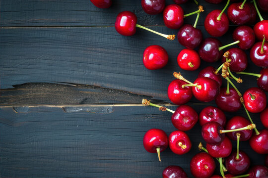 Cherries on black wooden background. Top view with copy space
