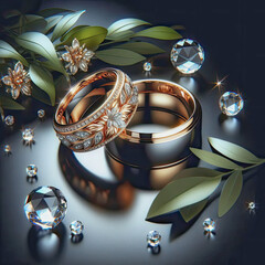 Two wedding rings on a sparkling background. Symbol of love, family
