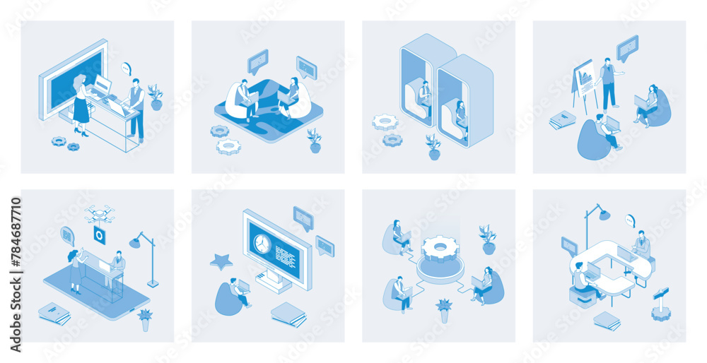 Leinwandbilder coworking 3d isometric concept set with isometric icons design for web. collection of employees work