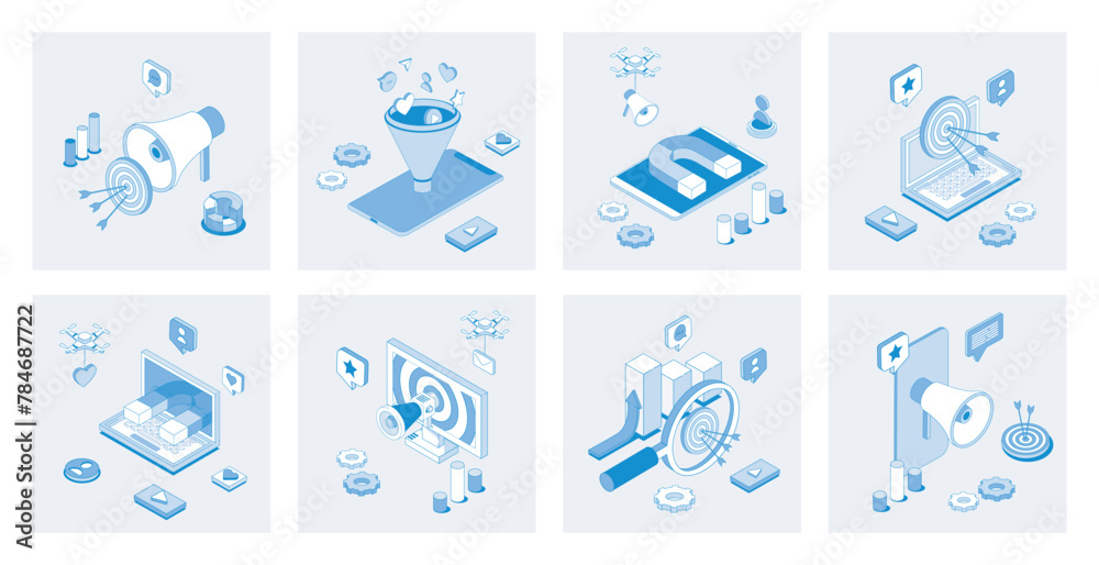 Poster Digital marketing 3d isometric concept set with isometric icons design for web. Collection of online promotion megaphone, sales funnel, viral advertising content, blog analytics. Vector illustration