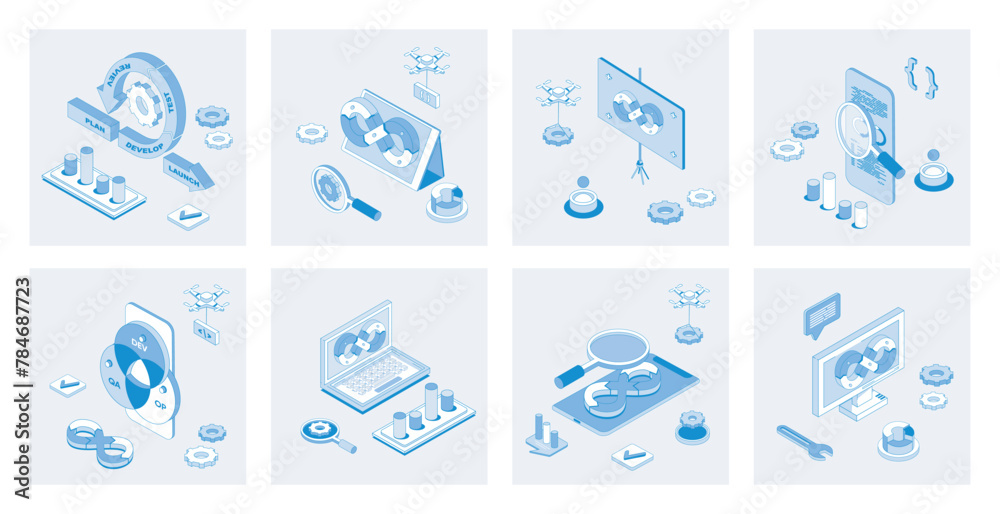 Poster DevOps 3d isometric concept set with isometric icons design for web. Collection of agile coding operation practice, programming teamwork infrastructure, products development cycle. Vector illustration