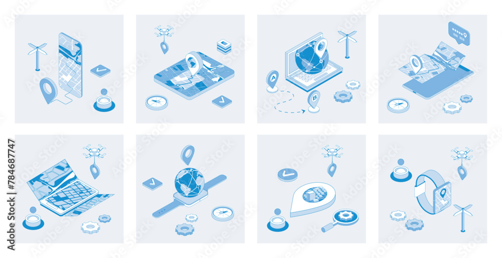 Leinwandbilder gps navigation 3d isometric concept set with isometric icons design for web. collection of global po