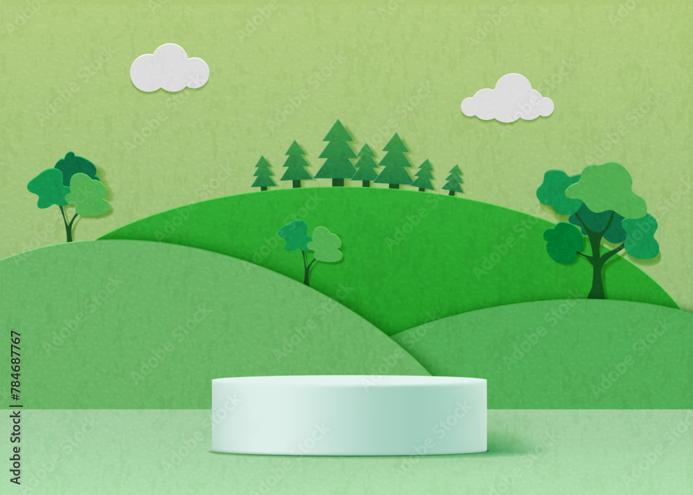 Poster paper background. podium on green 3d hill background, cut platform for eco products in abstract moun