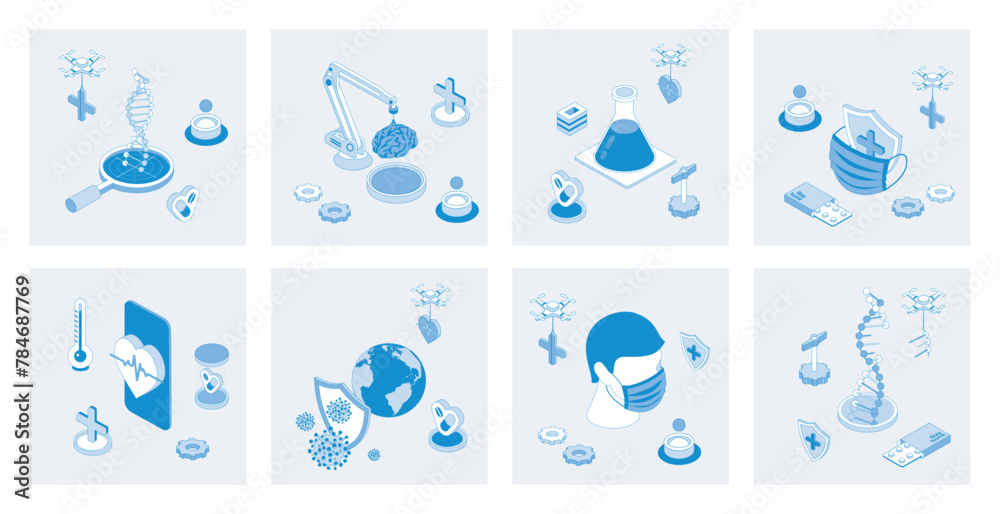 Poster medicine 3d isometric concept set with isometric icons design for web. collection of dna genetics re