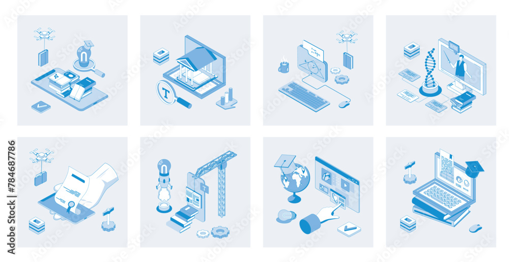 Leinwandbilder online education 3d isometric concept set with isometric icons design for web. collection of virtual