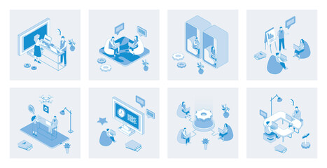 Coworking 3d isometric concept set with isometric icons design for web. Collection of employees workplace in open office, colleagues working together, business meeting community. Vector illustration