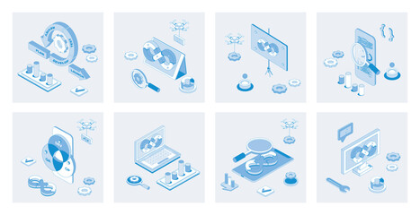 DevOps 3d isometric concept set with isometric icons design for web. Collection of agile coding operation practice, programming teamwork infrastructure, products development cycle. Vector illustration