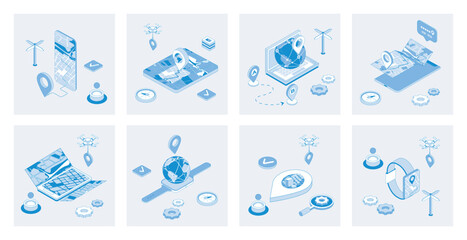 Fototapeta premium GPS navigation 3d isometric concept set with isometric icons design for web. Collection of global positioning system, online tracking, traffic view and maps, gadget navigators. Vector illustration
