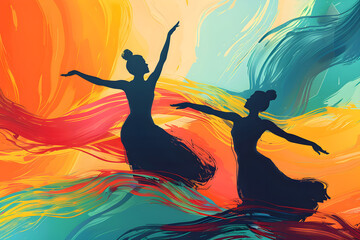 Vibrant abstract illustration celebrating International Day of Dance with dynamic movement and colorful expression.