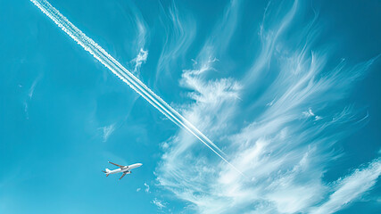 airplane tracks in the air, blue sky background, plane tracks in the sky