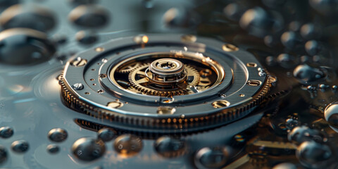 Precision Watch Movement Machinery with Water Droplets Close-up - obrazy, fototapety, plakaty