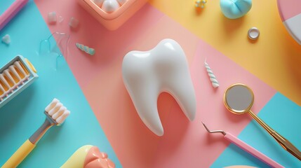 Learn about dentistry. Here's a picture of a tooth and dental tools on a colorful background. You can add your own text to it. - obrazy, fototapety, plakaty