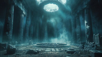 A dark Greek-style fighting arena with stone pillars and columns, with an empty circle in the center of the stage. The background is dark and mysterious. 16:9