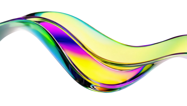 Abstract liquid glass shape with colorful reflections. Ribbon of curved water with glossy color wavy fluid motion. Chromatic dispersion flying and thin film spectral effect.