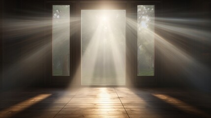 A metaphorical representation of openness, with rays of light piercing through an open window, rendered in stunning photo-realistic 4k. - obrazy, fototapety, plakaty