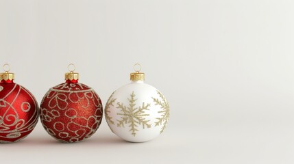 Christmas bauble, Baubles on Solid tone Surface. A panoramic image showcasing baubles in vibrant colored tones reflecting a wintry setting placed on a solid surface, creating a cozy holiday scene