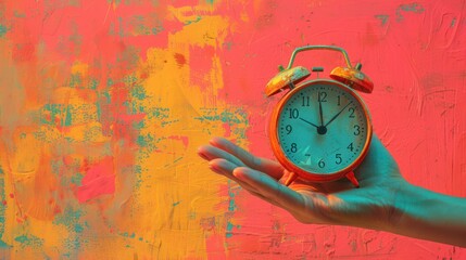 Time Held Captive: Alarm Clock and Colorful Wall - obrazy, fototapety, plakaty