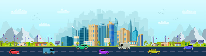 City buildings. Street landscape. Business offices. Skyline panorama. Car on road. Windmills and solar panels. Urban highway. Skyscrapers or village houses. Vector cityscape background