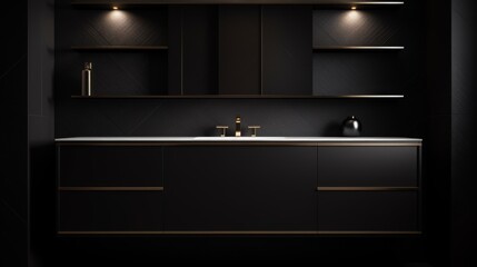 Close-up of a chic black bathroom cabinet, minimalist black and white style with symmetrical design and linear lighting effects, set in a dark-toned, high-end environment.