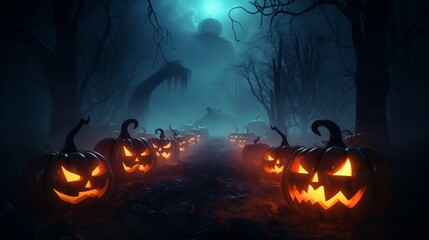 Creepy Halloween night with evil glowing pumpkins peering through dense fog, set as a chilling 4k banner background. - obrazy, fototapety, plakaty