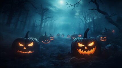 Creepy Halloween night with evil glowing pumpkins peering through dense fog, set as a chilling 4k banner background. - obrazy, fototapety, plakaty