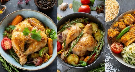 Collage of food in the dishes. A variety of food, vegetables, chicken, close-up and top view