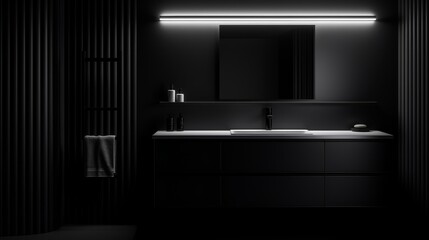 Photo-realistic digital AI art of a minimalist black bathroom cabinet, set in a high-end atmosphere with stark black and white contrasts.