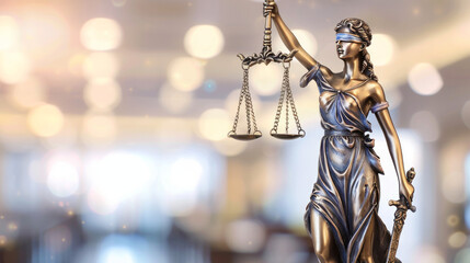 Photo of a female Lady Justice statue holding scales with a blurred background - obrazy, fototapety, plakaty
