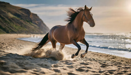 Majestic Horse Galloping On Beach Along Ocean Shoreline. Generative AI