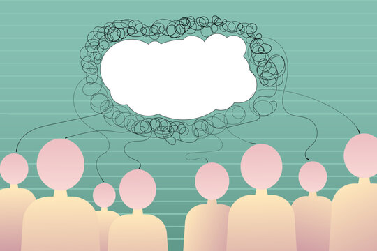 social poster, group of people searching for solution, thoughts, groupthink, team building