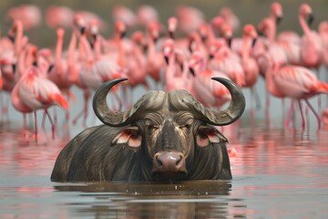 Buffalo submerged in water against a backdrop of flamingos. Wildlife contrasting scene. Safari animals in natural habitat. Generative AI
