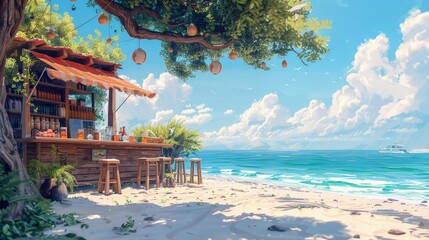 Obraz premium Beachside snack bar, a serene digital painting capturing the relaxed vibe with detailed food and drinks