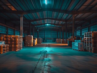 Illuminated warehouse interior at night with pallets. Quiet and empty industrial scene. Moody lighting and shadows. Warehouse storage. Generative AI