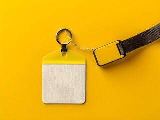 Blank white name tag on a yellow background with black lanyard. Close-up, copy space. Simple and modern design. Generative AI