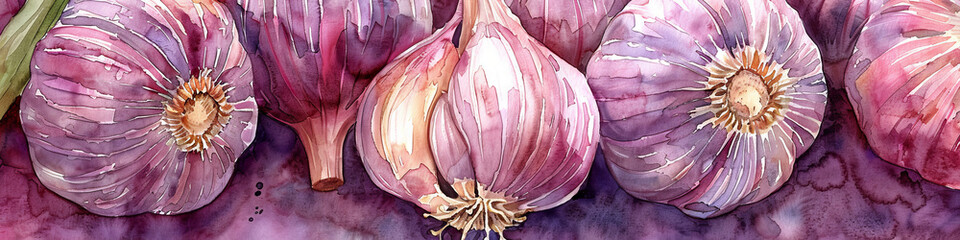 Fototapeta premium Purple Allure - Watercolor Close-up of Aromatic Garlic Bulbs