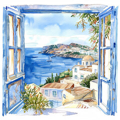 Greece blue and white painting of a window with a view of a small town and a church.