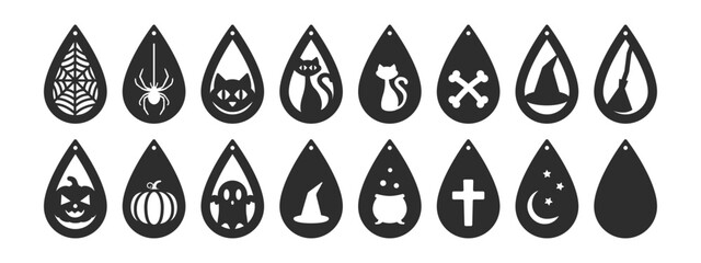 Set of Halloween teardrop earrings, pendant or keychain design. Jewelry silhouette cut template. Laser cutting with leather, wood or metal. Vector illustration file