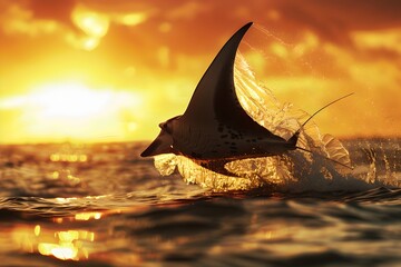 Majestic manta ray leaps from ocean at sunset, nature's beauty captured. Serene seascape, vibrant colors. Generative AI