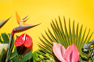 tropical leaves greenery with green leaves, strelizia and red anthurium flowers over bright yellow background - obrazy, fototapety, plakaty
