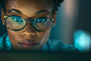 Focused woman working late on computer, intense gaze behind glasses. Portrait of concentration. Moody lighting. Generative AI
