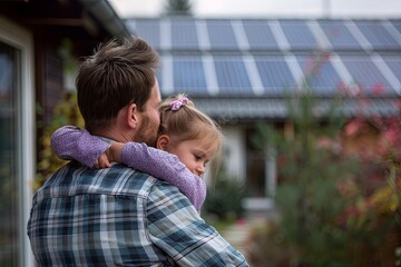 Fototapeta premium Dad holding her little daughter in arms and showing at their house with installed solar panels