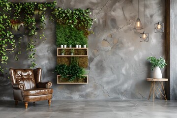 Elegant modern interior with vintage leather armchair. Green plants decorations. Industrial chic style room. Soft lighting adds coziness. Generative AI