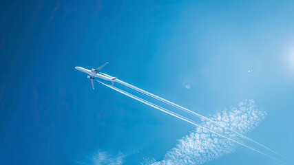 Naklejka na ściany i meble airplane tracks in the air, blue sky background, plane tracks in the sky