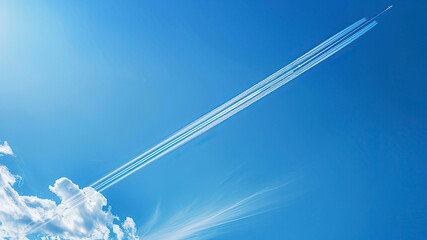 airplane tracks in the air, blue sky background, plane tracks in the sky